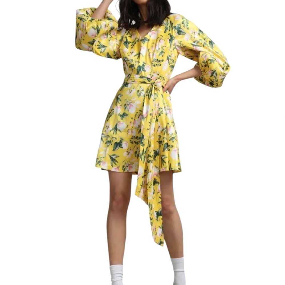 NY & Co Floral-Print Balloon-Sleeve Belted Dress NWT Yellow Easter